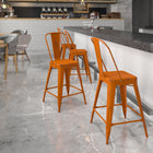 Flash Furniture 24" High Distressed Orange Metal Indoor-Outdoor Counter Height Stool with Back-Cross Brace under seat provides extra stability