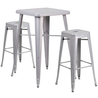 Flash Furniture Metal Indoor/Outdoor Bar Table Set with 2 Backless Barstools, Silver (CH31330B230SQSV)-Silver/Metal, Plastic, Rubber