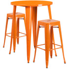 Flash Furniture Commercial Grade 30" Round Orange Metal Indoor-Outdoor Bar Table Set with 2 Square Seat Backless Stools-Bar Height Table and Stool Set