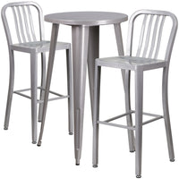 24'' Round Silver Metal Indoor-Outdoor Bar Table Set with 2 Vertical Slat Back Barstools [CH-51080BH-2-30VRT-SIL-GG]-Round Metal Bar Set