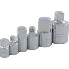 Gray Tools 6 Piece Chrome Adapter Set, 1/4, 3/8, 1/2, & 3/4-Contains: 1/2" Female - 3/8" Male, 3/8" Female - 1/2" Male, 3/8" Female - 1/4" Male, 1/4" Female - 3/8" Male, 1/2" Female - 3/4" Male, and 3/4" Female - 1/2" Male adapters.