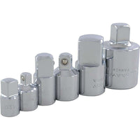 Gray Tools 6 Piece Chrome Adapter Set, 1/4, 3/8, 1/2, & 3/4-Contains: 1/2" Female - 3/8" Male, 3/8" Female - 1/2" Male, 3/8" Female - 1/4" Male, 1/4" Female - 3/8" Male, 1/2" Female - 3/4" Male, and 3/4" Female - 1/2" Male adapters.