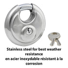 Master Lock 70mm Wide Stainless Steel Shrouded Discus Keyed Padlock-Fully shrouded design minimizes shackle exposure and protects against bolt cutter attacks