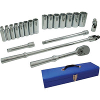 Gray Tools 20 Piece 1/2" Drive 6 Point SAE, Deep Chrome Socket & Attachment Set-Contains: 3/8", 7/16", 1/2", 9/16", 5/8", 11/16", 3/4", 13/16", 7/8", 15/16", 1, 1 1/16", 1 1/8", 1 3/16", 1 1/4" sockets, Reversible Ratchet, Flex Handle, Universal Joint and 5" & 10" Extensions.
