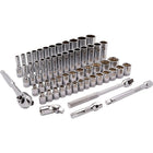 Dynamic Tools 3/8" Drive 57 Piece 12 Point, Standard/Deep, SAE/Metric Socket Set, 1/4" - 1", 6mm - 19mm-Contains: 12 Standard SAE Sockets: 1/4", 5/16", 3/8", 7/16", 1/2", 9/16", 5/8", 11/16", 3/4", 7/8", 15/16", 1", 12 Deep SAE Sockets: 1/4", 5/16", 3/8", 7/16", 1/2", 9/16", 5/8", 11/16", 3/4", 7/8", 15/16", 1", 14 Standard Metric Sockets: 6, 7, 8, 9, 10, 11, 12, 13, 14, 15, 16, 17, 18, 19mm, 14 Deep Metric Sockets: 6, 7, 8, 9, 10, 11, 12, 13, 14, 15, 16, 17, 18, 19mm, 3" Extension, 6" Extension, Universal 