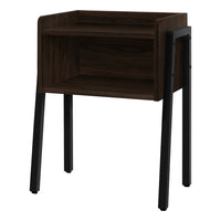 Monarch Specialties 3593 Accent Table - 23"H/Espresso/Black Metal-2-tier rectangular accent table in a dark brown espresso finish featuring a tray-style tabletop with raised edges on the sides and back, rounded front edges, and 1 storage cubby
