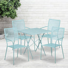 28'' Square Sky Blue Indoor-Outdoor Steel Folding Patio Table Set with 4 Square Back Chairs [CO-28SQF-02CHR4-SKY-GG]-Set Includes Folding Table and 4 Chairs