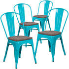 Flash Furniture Crystal Teal-Blue Metal Stackable Chair with Wood Seat-Set of 4 Stackable Bistro Style Chairs