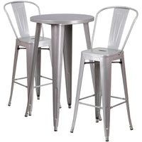 24'' Round Silver Metal Indoor-Outdoor Bar Table Set with 2 Cafe Barstools [CH-51080BH-2-30CAFE-SIL-GG]-Round Metal Bar Set