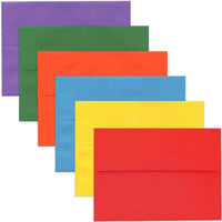 JAM Paper A7 Invitation Envelopes, 5.25 x 7.25, Brite Hue Assorted, 150 Pack (956A7BRORGVY)-Assortment of coloured A7 Envelopes: Blue, Red, Orange, Green, Purple, and Yellow.