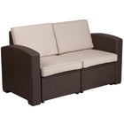 Flash Furniture Chocolate Brown Faux Rattan Loveseat with All-Weather Beige Cushions-Curved Arms