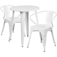24'' Round White Metal Indoor-Outdoor Table Set with 2 Arm Chairs (CH-51080TH-2-18ARM-WH-GG)-Indoor Outdoor Sets