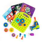 Educational Insights Design & Drill Gears Workshop - Multicolor-Creative, construction play - kids use real, working tools to complete colorful scenes and create cool visual effects. Includes drilling board with handle, drill, screwdriver, 9 gears in two sizes, 32 colorful bolts, hand crank, and 10 double-sided pattern cards to copy