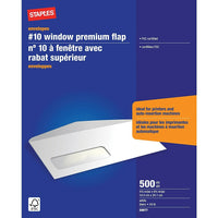 Staples Premium #10 Window Envelopes with Gummed Flaps - 4-1/8" x 9-1/2" - White - 500 Pack-Versatile #10 envelopes are ideal for mailing letters, cheques, billing statements, invoices and more