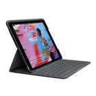 Logitech Slim Folio Wireless Keyboard Case for iPad (7th, 8th, & 9th generation) - Graphite-Comfortable typing and iOS shortcut keys: Enjoy hours of comfortable typing thanks to large, well-spaced keys stretched edge-to-edge so your hands won’t feel crowded. With a full row of iOS shortcut keys for one-tap access to media, volume controls, and more
