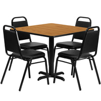 Flash Furniture 36" Square Natural Laminate Table Set with X-Base & 4 Black Trapezoidal Back Banquet Chairs-Table and Chair Set