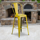 Flash Furniture 30" High Distressed Metal Indoor-Outdoor Barstool with Back - Yellow-Cross Brace under seat provides extra stability