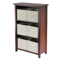 Winsome Verona 3-Section M Storage Shelf with 6 Foldable Beige Fabric Baskets, Antique Walnut-This storage shelf comes with 6 foldable beige fabric baskets.