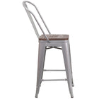 Flash Furniture 24" High Silver Metal Counter Height Stool with Back & Wood Seat-Curved Back with Vertical Slat