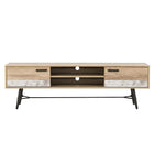 CorLiving TV Bench with Splayed Legs for TVs up to 80", Distressed Warm Beige with White Duotone-Distressed warm beige laminate wood grain finish accented with white duotone cabinet doors