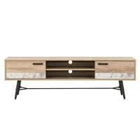 CorLiving TV Bench with Splayed Legs for TVs up to 80", Distressed Warm Beige with White Duotone-Distressed warm beige laminate wood grain finish accented with white duotone cabinet doors