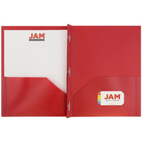 JAM Paper Plastic 2 Pocket School POP Folders with Metal Prongs Fastener Clasps, Red, 6 Pack-Red Plastic Folders