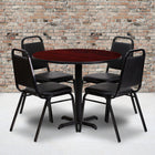 Flash Furniture 36" Round Mahogany Laminate Table Set with X-Base & 4 Black Trapezoidal Back Banquet Chairs-Set Includes 4 Banquet Chairs, Round Table Top and X-Base