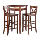 Winsome Halo 3-Piece Set Pub Table with V Back Bar Stools, (94586)-Solid wood in Walnut finish
