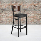 Flash Furniture HERCULES Series Black Slat Back Metal Restaurant Barstool - Walnut Wood Back, Black Vinyl Seat-Welded Joint Assembly