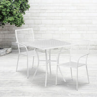 28'' Square White Indoor-Outdoor Steel Patio Table Set with 2 Square Back Chairs [CO-28SQ-02CHR2-WH-GG]-Set Includes Table and 2 Chairs
