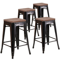 Flash Furniture 24" High Backless Black-Antique Gold Metal Counter Height Stool with Square Wood Seat-Set of 4 Stackable Industrial Style Modern Stools