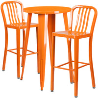 24'' Round Orange Metal Indoor-Outdoor Bar Table Set with 2 Vertical Slat Back Barstools [CH-51080BH-2-30VRT-OR-GG]-Round Metal Bar Set