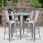 30'' Round Silver Metal Indoor-Outdoor Bar Table Set with 4 Cafe Barstools [CH-51090BH-4-30CAFE-SIL-GG]-30"W x 30"D x 41"H