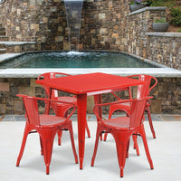 Flash Furniture 31.5'' Square Red Metal Indoor-Outdoor Table Set with 4 Arm Chairs (ET-CT002-4-70-RED-GG)-Galvanized Steel, Metal, Rubber