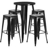 24'' Round Black Metal Indoor-Outdoor Bar Table Set with 4 Square Seat Backless Barstools (CH-51080BH-4-30SQST-BK-GG)-Indoor Outdoor Sets