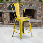 Flash Furniture Commercial Grade 24" High Distressed Metal Indoor-Outdoor Counter Height Stool with Back - Yellow-Floor Protector Rubber Glides