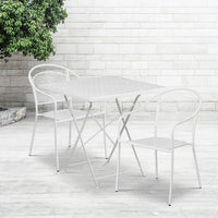 28'' Square White Indoor-Outdoor Steel Folding Patio Table Set with 2 Round Back Chairs [CO-28SQF-03CHR2-WH-GG]-Set Includes Folding Table and 2 Chairs