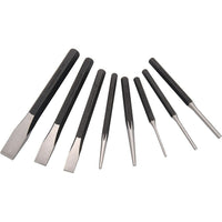Dynamic Tools 8 Piece Punch And Chisel Set-Contains: 3 Cold Chisels: 1/2", 5/8", 3/4", Centre Punch: 5/32", Solid Punch: 3/16", 3 Pin Punches: 1/8", 3/16", 1/4"