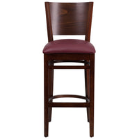Flash Furniture Lacey Series Solid Back Walnut Wood Restaurant Barstool - Burgundy Vinyl Seat-Wood Dining Bar Stool