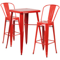 Flash Furniture 23.75" Square Red Metal Indoor-Outdoor Bar Table Set with 2 Stools with Backs-Bar Height Table and Stool Set