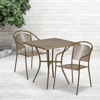 28'' Square Gold Indoor-Outdoor Steel Patio Table Set with 2 Round Back Chairs [CO-28SQ-03CHR2-GD-GG]-Set Includes Table and 2 Chairs