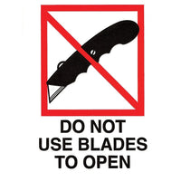 International Safe Handling Label, "Do Not Use Blades To Open", 3" x 4", 500 Pack-Dimensions: 3" x 4"