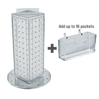 Azar Displays 4"W x 12"H x 4"D 4-Sided Pegboard Gift Card Display with Revolving Base. Translucent Clear (700229-CLR)-Includes 16 pockets for standard gift cards & Acrylic Sign Holder strip and stands on a 9" round revolving base