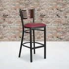 Flash Furniture HERCULES Series Black Slat Back Metal Restaurant Barstool - Walnut Wood Back - Burgundy Vinyl Seat-2.5'' Thick Foam Padded Seat