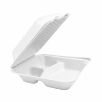 Globe Commercial Products 9" W x 9" D x 3" H Fibre Hinged Lid Bagasse Container - 3 Compartment - 200 Pack-Hinge container square takeout container with 3 compartments