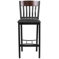 Tabouret de bar de la série Eclipse en métal noir et bois de noyer avec dossier vertical et siège en vinyle noir-Ensemble de 2 tabourets de bar en métal pour la salle à manger