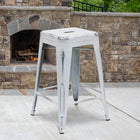 Flash Furniture Commercial Grade 24" High Backless Distressed Metal Indoor-Outdoor Counter Height Stool - White-Seat Drain Hole assists in drying
