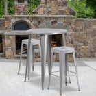 30'' Round Silver Metal Indoor-Outdoor Bar Table Set with 2 Square Seat Backless Barstools (CH-51090BH-2-30SQST-SIL-GG)-30"W x 30"D x 41"H