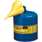 Justrite Type I Safety Cans with Funnel, 2 Gal, 9 1/2" x 13 3/4", Blue-Compliant Type I Safety Cans are designed with a single spout for filling and pouring of all types of flammable liquids