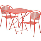 28'' Square Coral Indoor-Outdoor Steel Folding Patio Table Set with 2 Round Back Chairs [CO-28SQF-03CHR2-RED-GG]-Coral Powder Coat Finish